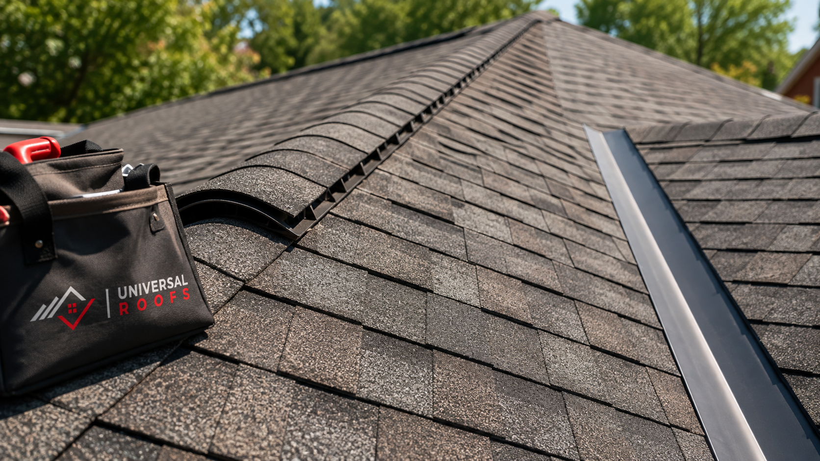 Close detail of new architectural shingles, ridge venting and valley flashing on a roofing Durham Region project