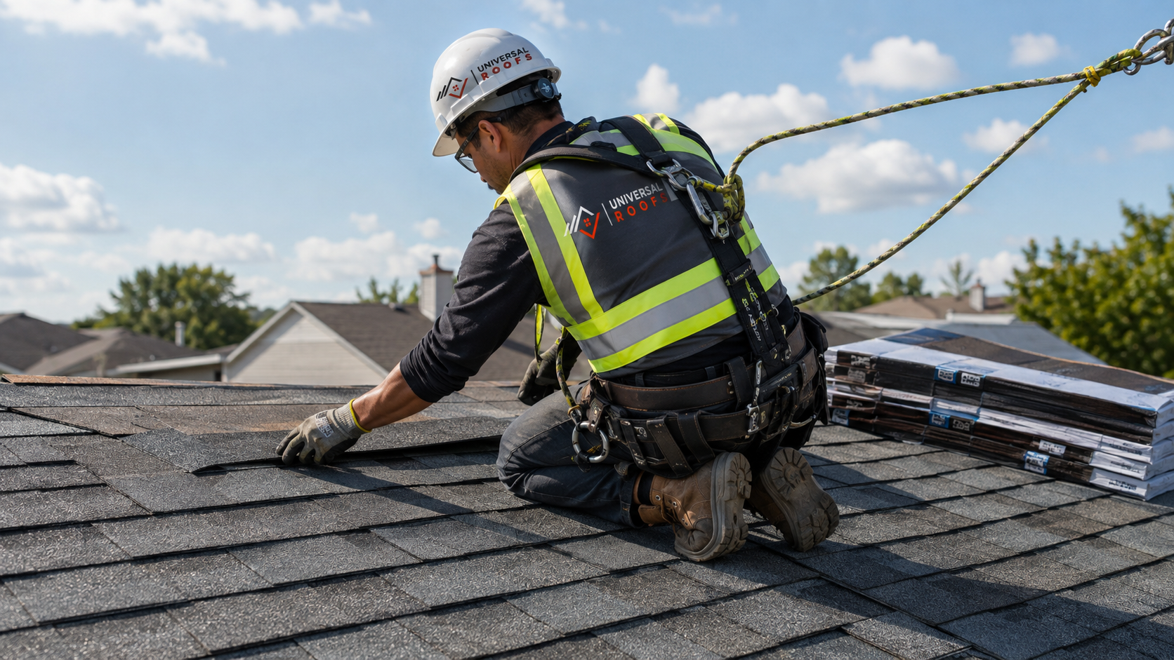 Roofer in full safety gear installing asphalt shingles during a roofing Durham Region replacement project