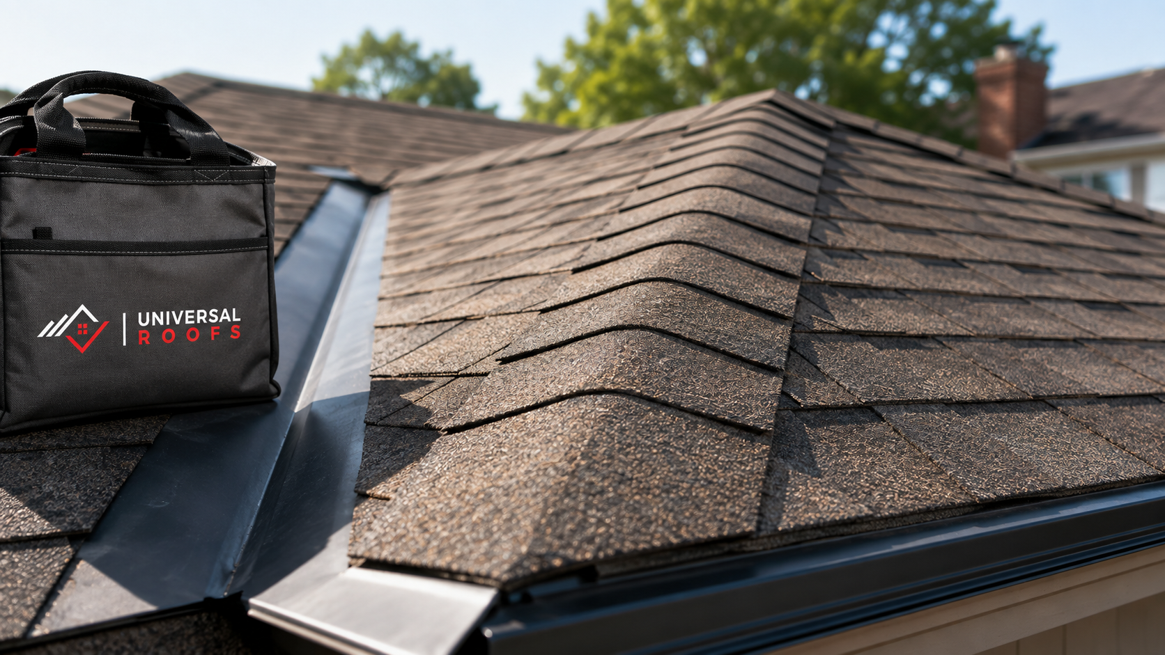 Close-up detail of new ridge cap and valley flashing installed during a roof replacement Ajax homeowners commissioned