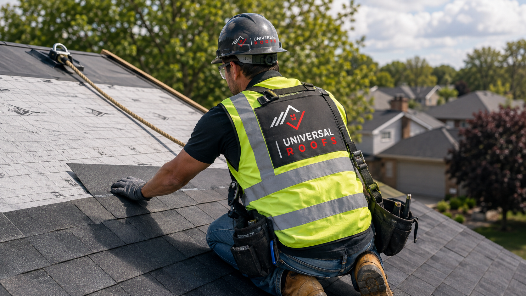 Roofer in full safety gear installing new architectural shingles during a roof replacement Ajax project