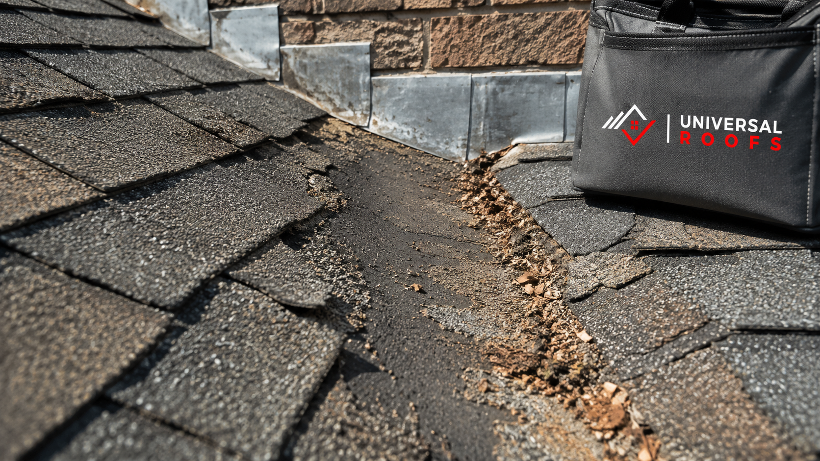 Close view of worn shingles and step flashing at a roof valley typical of roof repair in Pickering