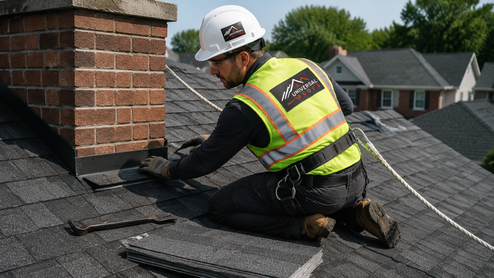 Roofer in full safety gear replacing shingles beside chimney flashing during a roof repair in Pickering