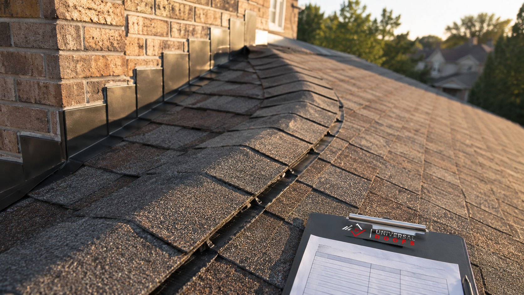 Close-up detail of new architectural shingles ridge vent and flashing on a completed roofing Milton installation