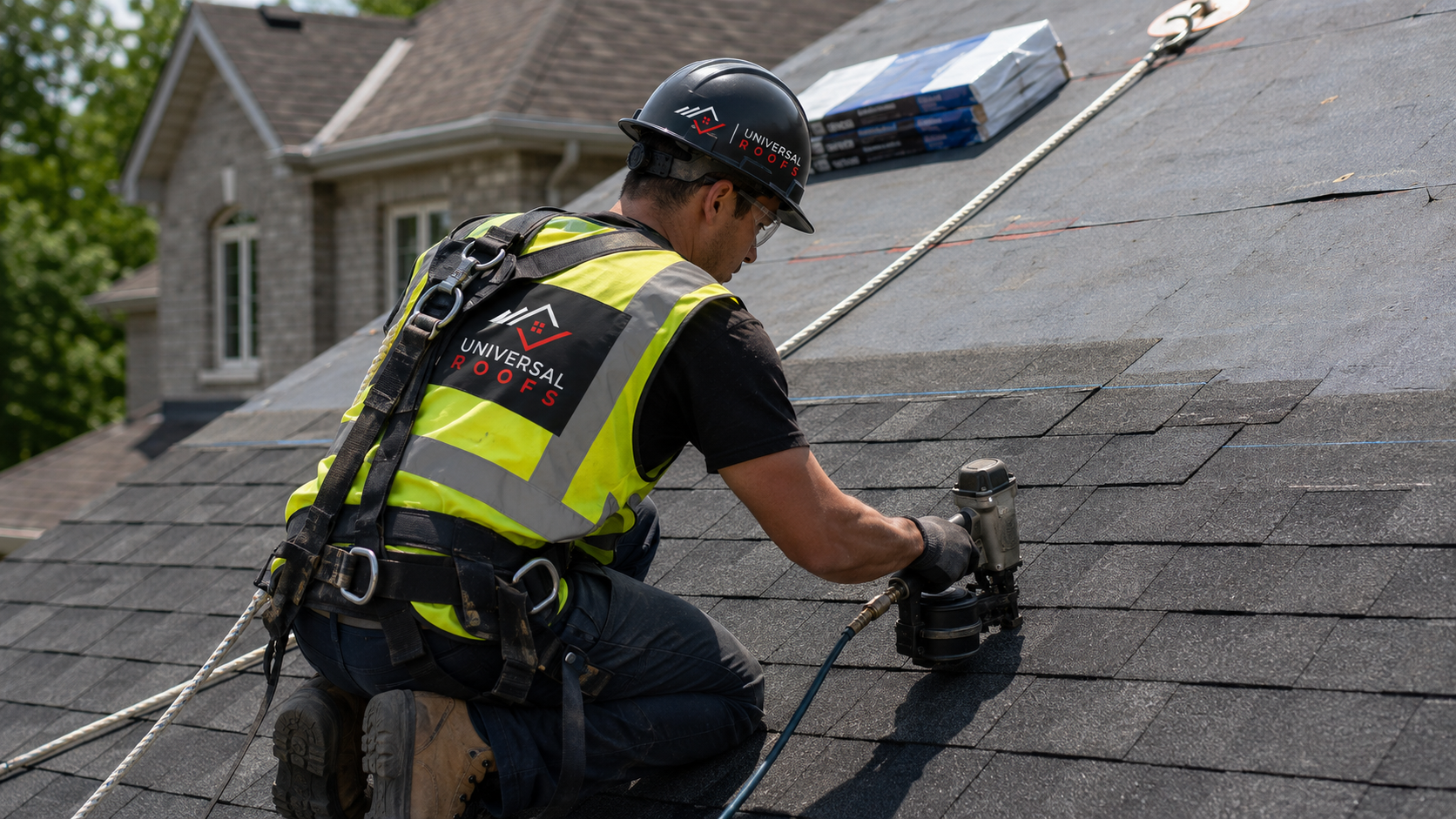 Roofer in full safety harness installing shingles on a Milton home during a roofing Milton replacement project