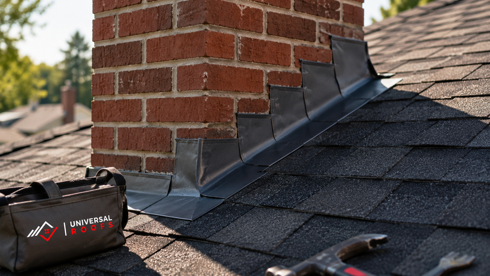 Close-up of chimney step flashing and shingle courses on a completed roofing Burlington installation