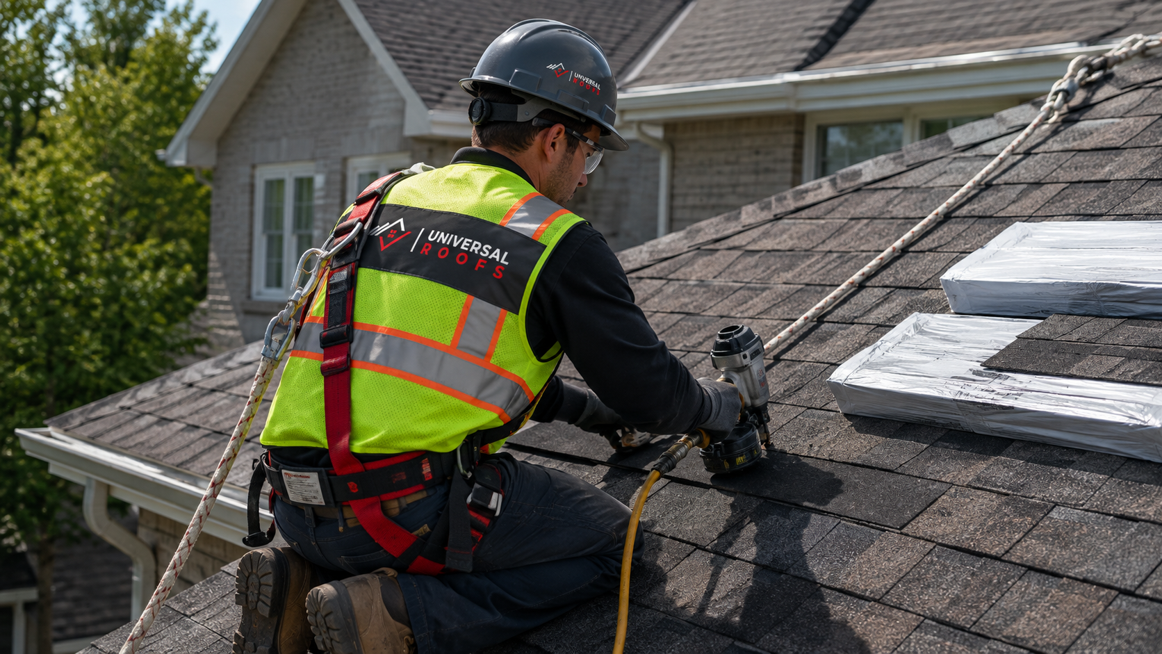 Roofer in full safety gear installing shingles during a roofing Burlington replacement project