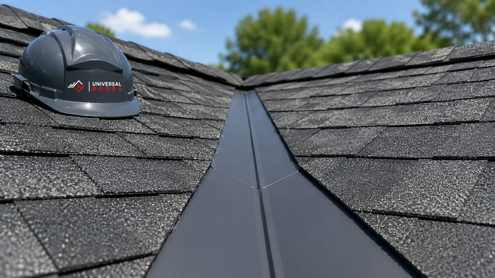 Close-up of new valley flashing and architectural shingles installed by roofing contractors Halton Region homeowners trust