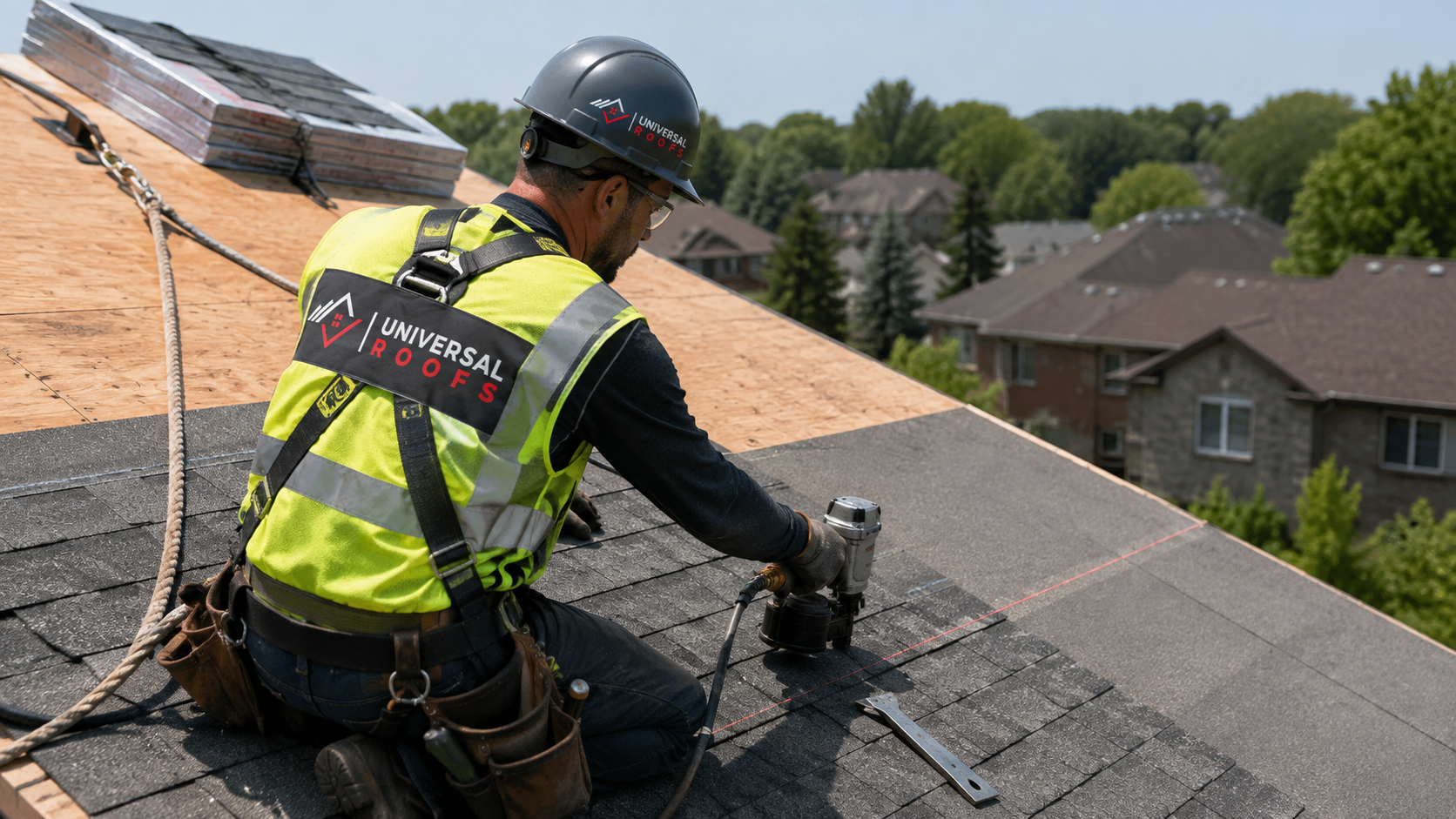 Roofer in full safety harness installing shingles, typical of roofing contractors Halton Region residents rely on