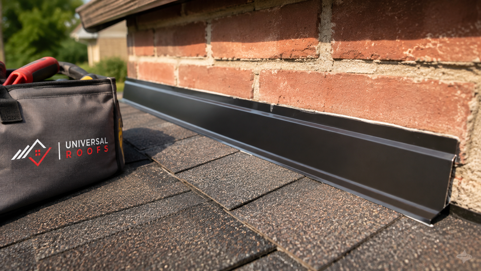 Close-up of new step flashing and sealed shingle course completed during roof repair Milton work on a residential roof