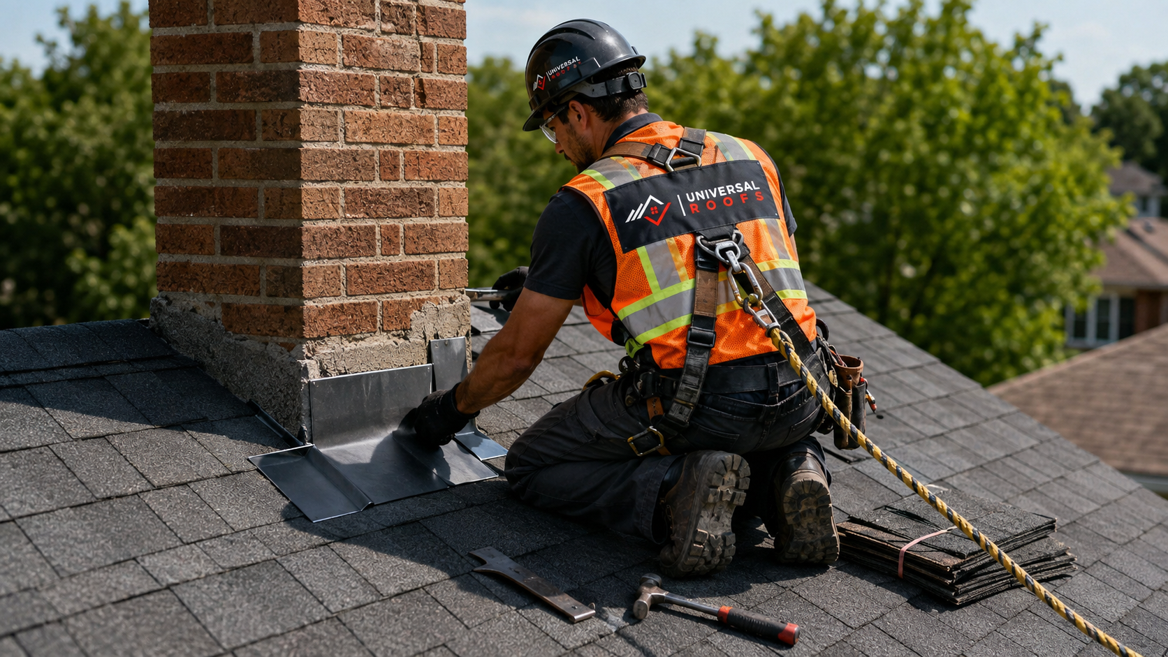 Roofer in full safety gear carrying out roof repair Milton work on the sloped shingle roof of a suburban home