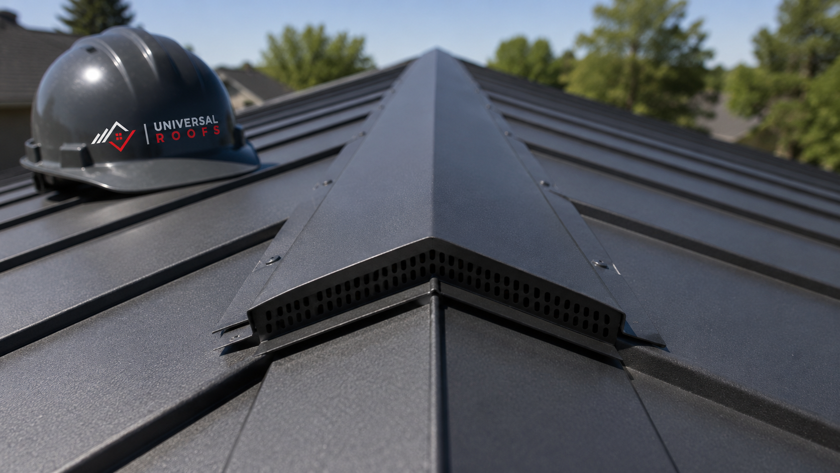 Close view of metal roofing Oakville ridge cap and concealed clip seam detail on a residential roof