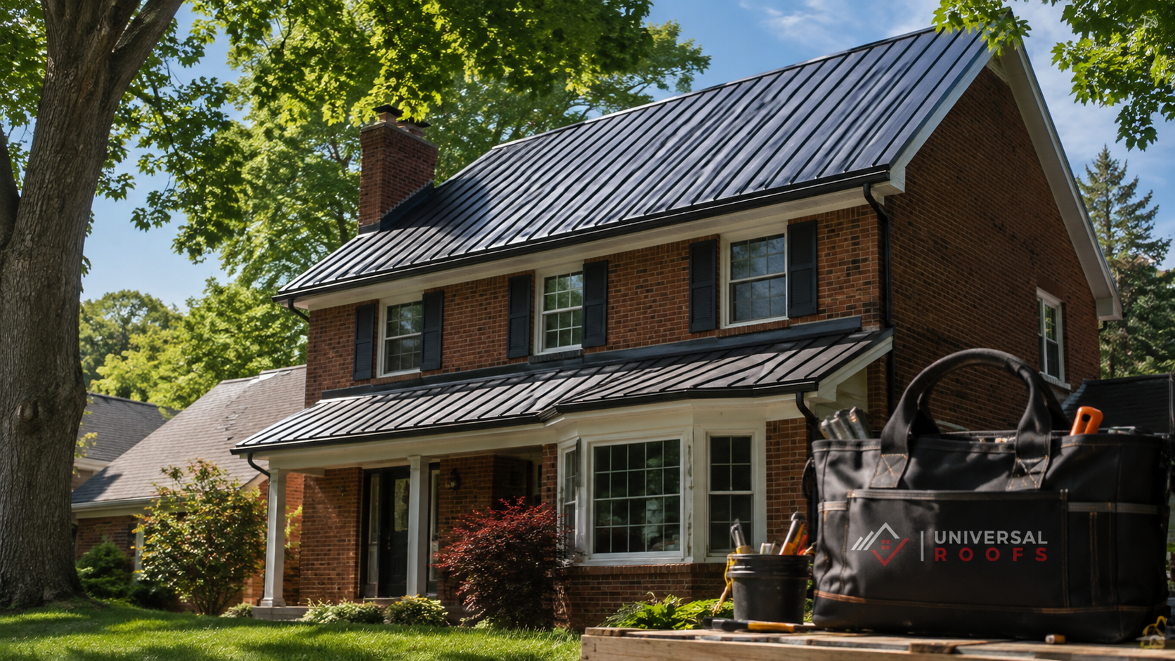 Dark grey standing seam metal roofing on an Oakville two storey brick home in summer