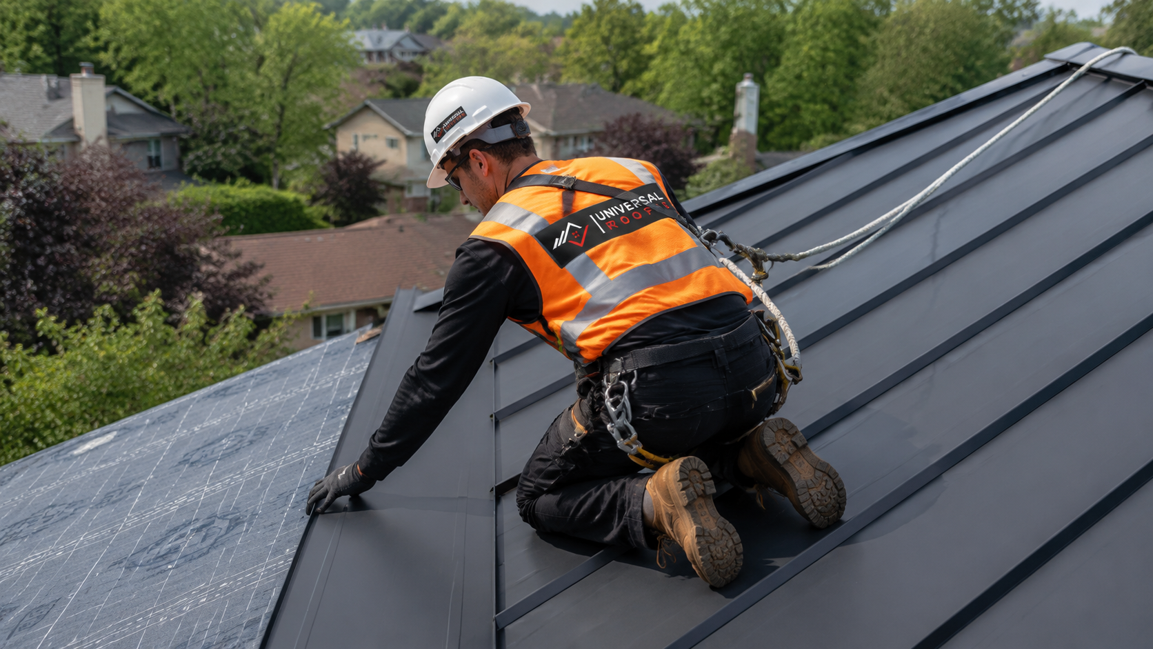 Roofer in full safety gear fastening standing seam panels during a metal roofing Oakville installation