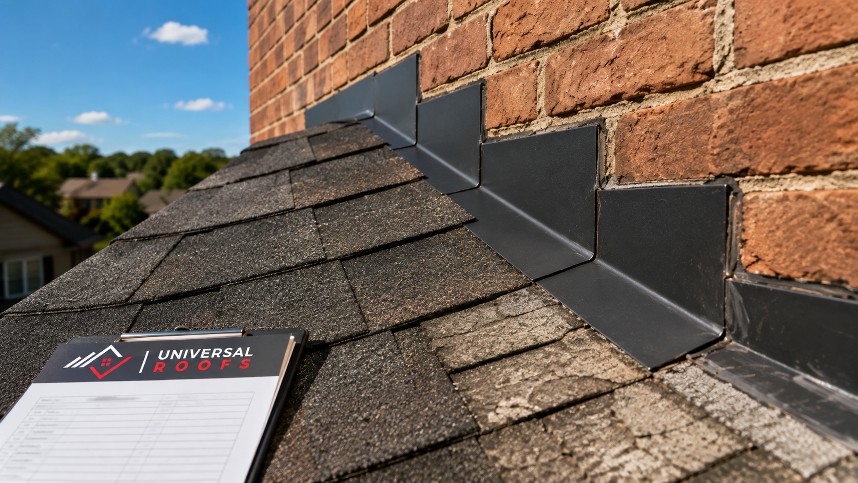 Close-up of new step flashing and sealed shingle courses after a roof repair Burlington homeowners requested