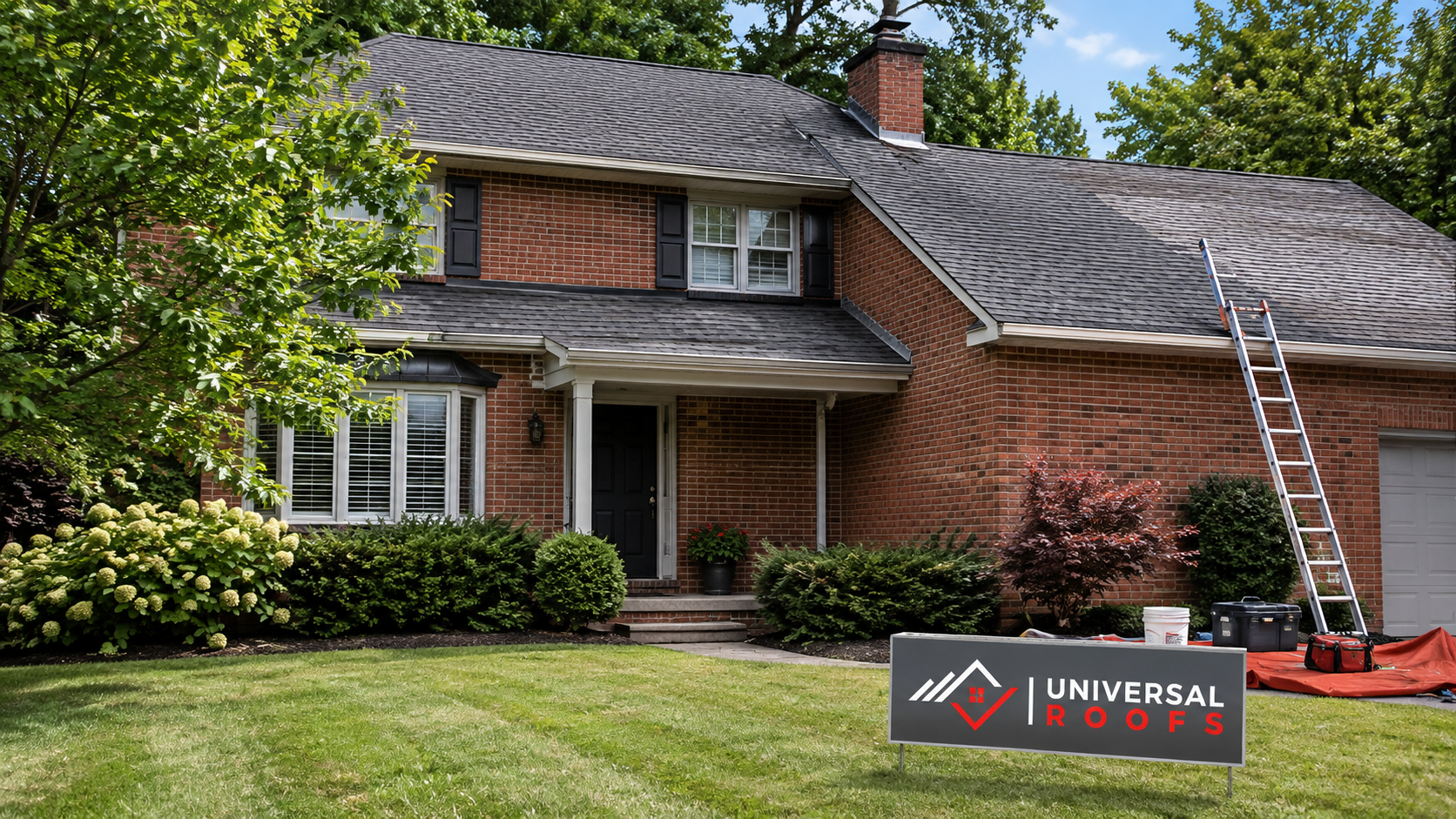 Asphalt shingle roof on a Burlington home showing weathered slope and flashing typical of roof repair Burlington projects