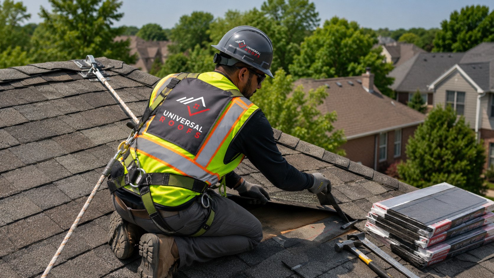 Roofer in full safety gear replacing damaged shingles during a roof repair Burlington homeowners scheduled for summer