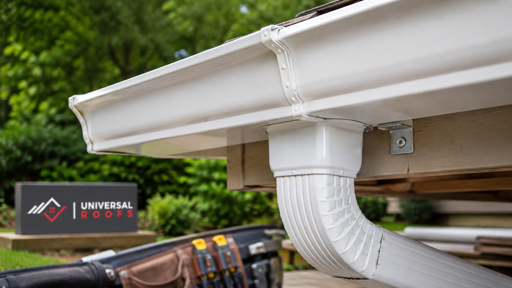 Close detail of a repaired eavestrough seam and downspout outlet after eavestrough repair in Oakville