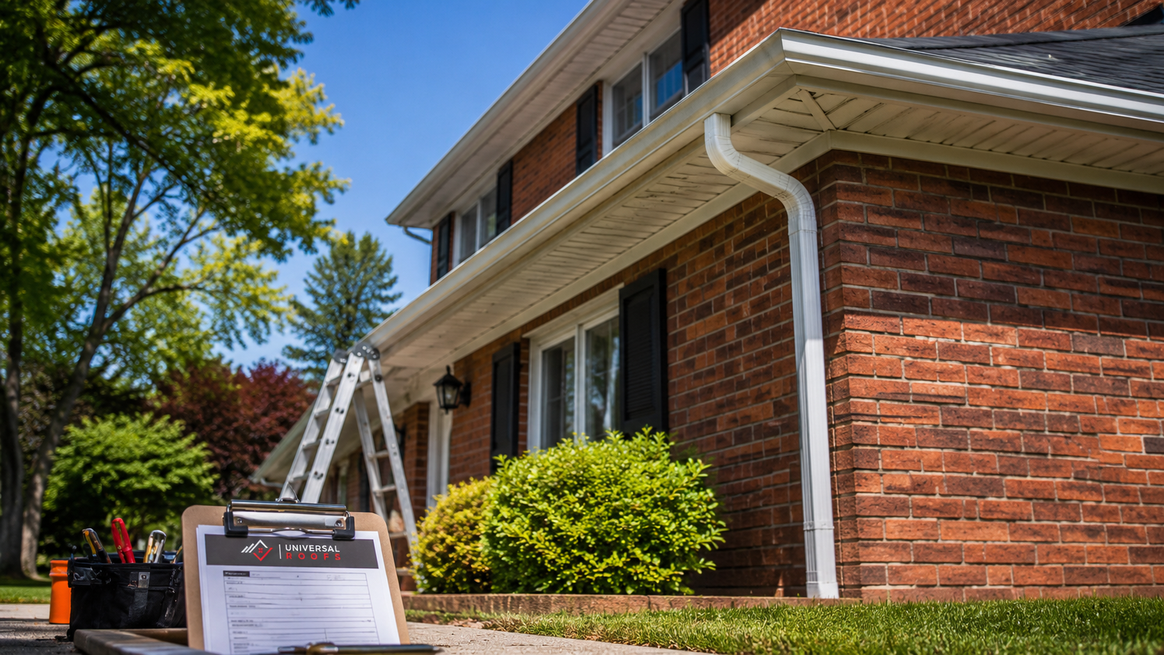 Eavestrough repair in Oakville on a two-storey brick home with white aluminum troughs and downspout