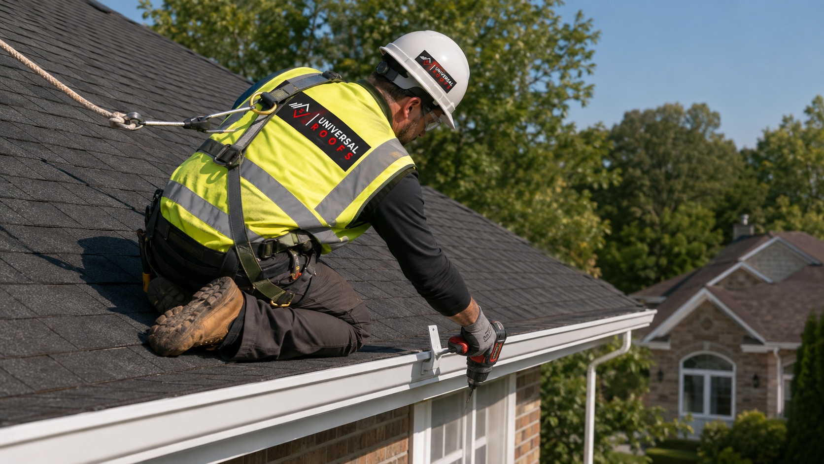 Technician performing eavestrough repair in Oakville, resecuring an aluminum trough to the fascia board
