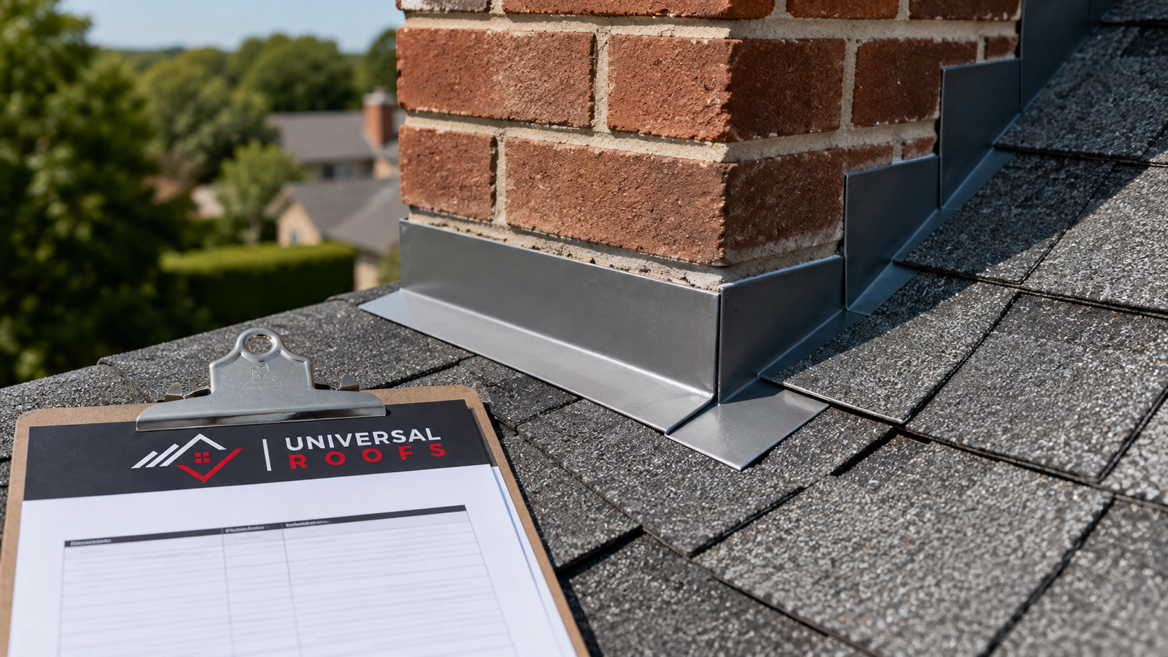 Close-up of new chimney step flashing and sealed shingle courses after roof leak repair in Oakville