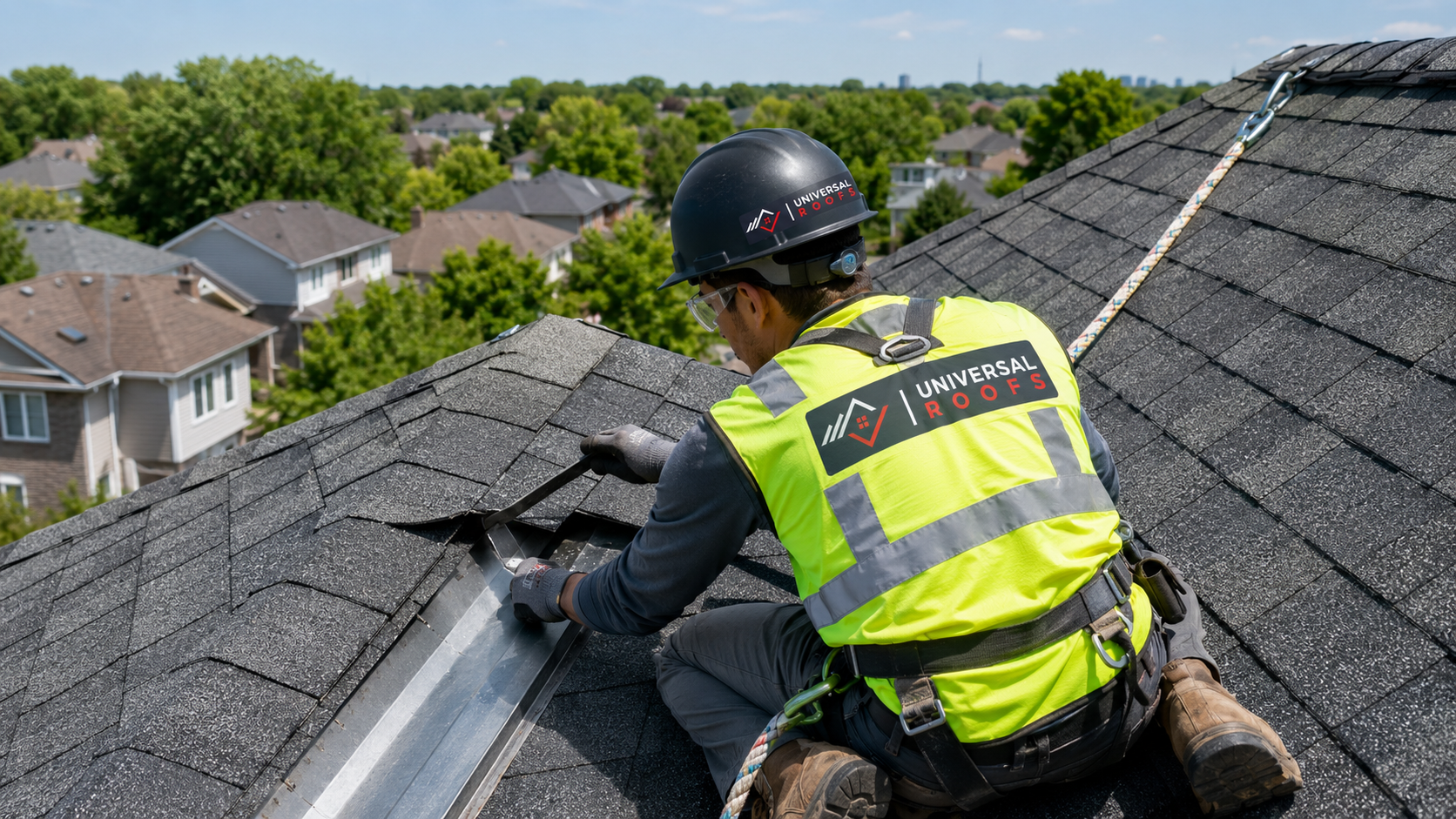 Roofer in full safety gear performing roof leak repair on an Oakville home valley and flashing
