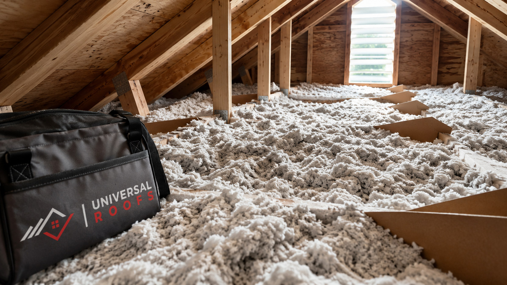 Close view of blown insulation depth and rafter baffles from a completed attic insulation Burlington installation