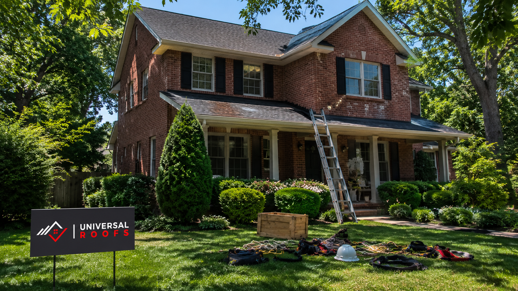 Brick suburban two storey home in summer daylight showing the roofline and soffits before attic insulation Burlington work