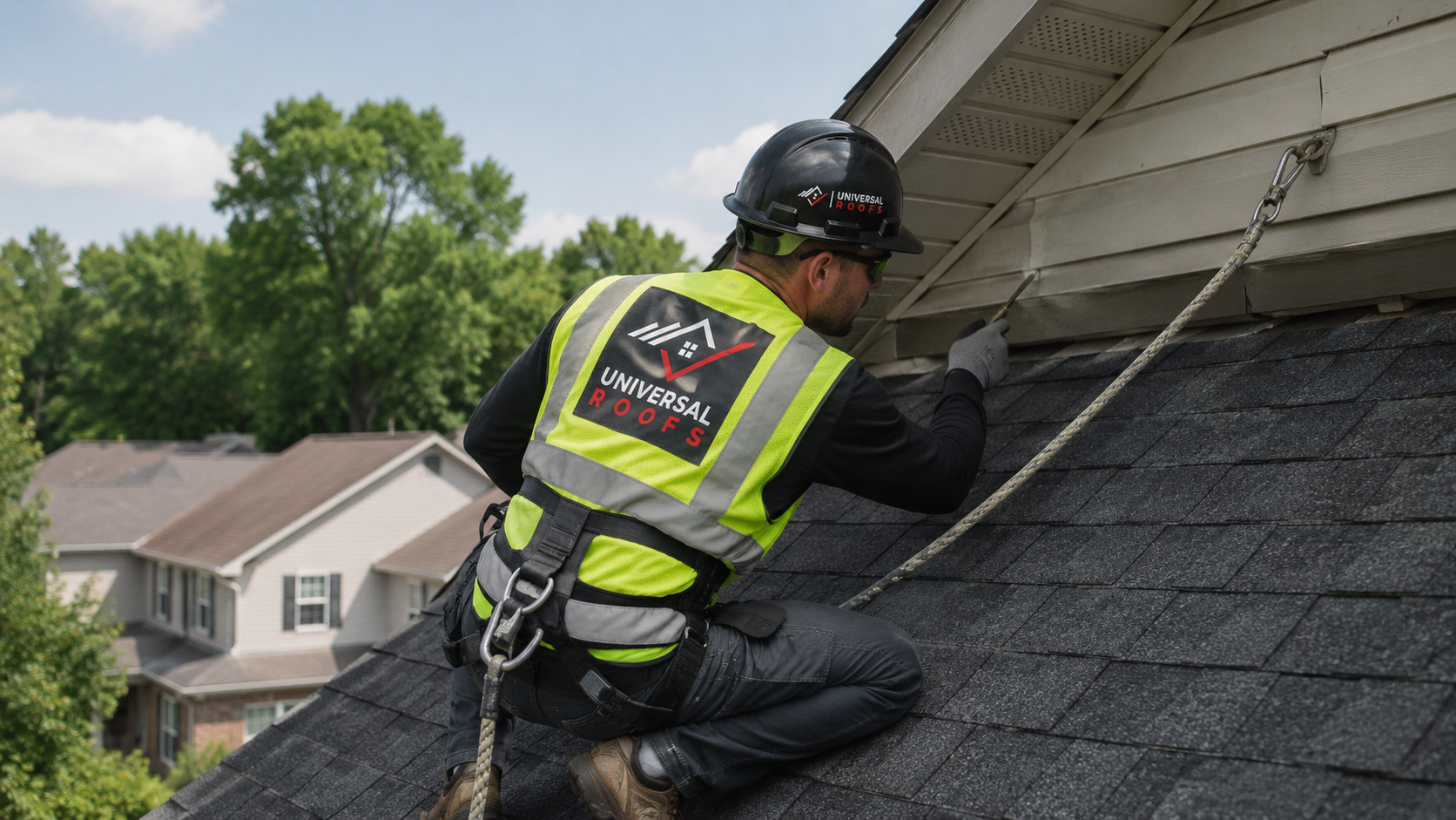Technician in full safety gear preparing an attic insulation Burlington upgrade on a suburban home roof