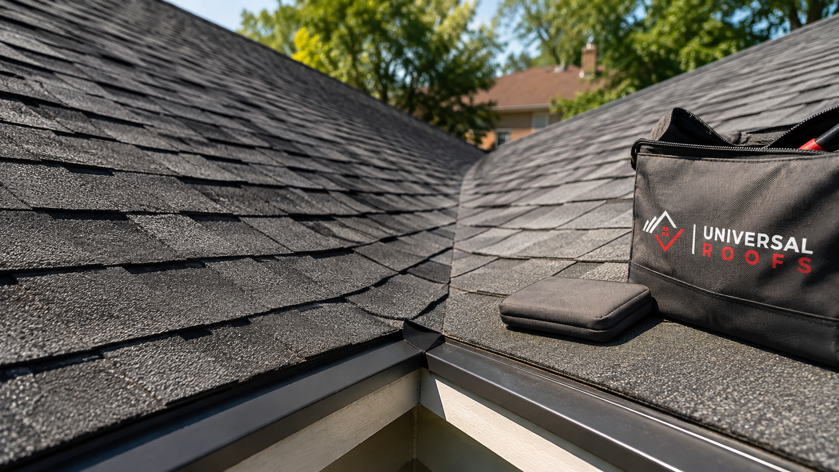 Close detail of new valley flashing and shingle courses after a roof replacement in Halton Hills