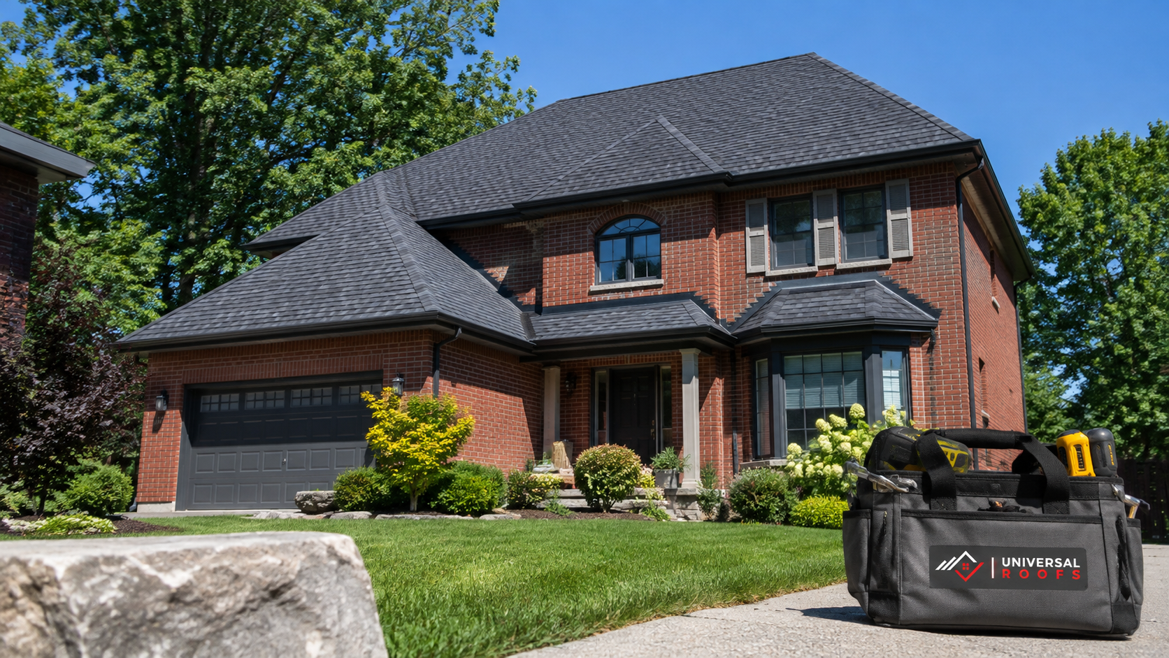 Completed asphalt shingle roof replacement on a Halton Hills two storey brick home in summer