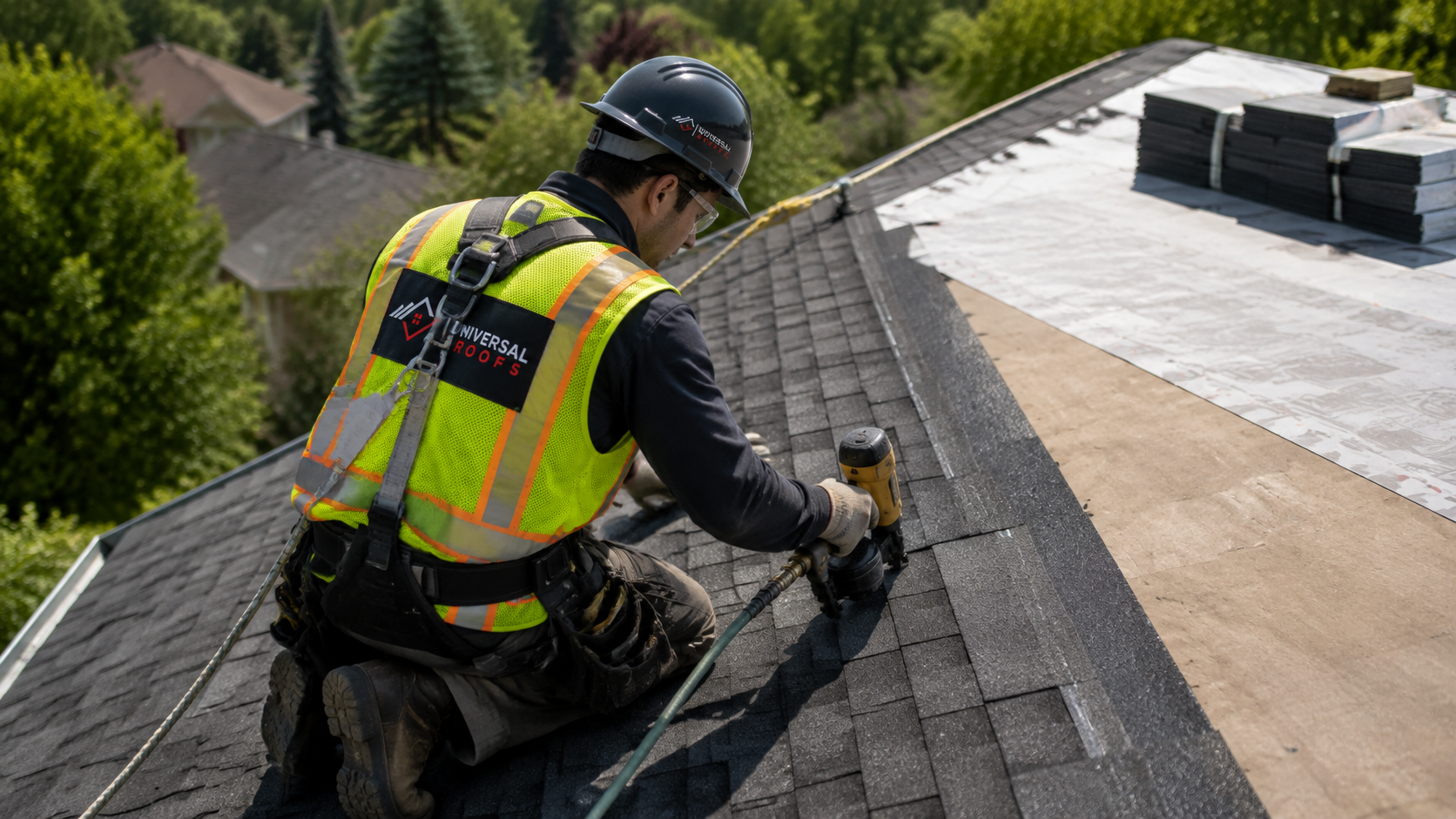 Roofer in full safety harness installing shingles during a roof replacement in Halton Hills