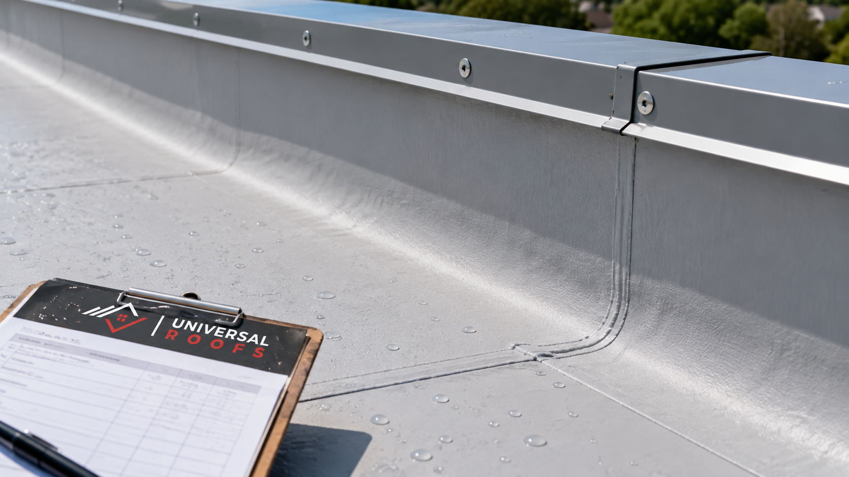 Close detail of a welded flat roofing membrane seam and parapet flashing on an Oakville low-slope roof