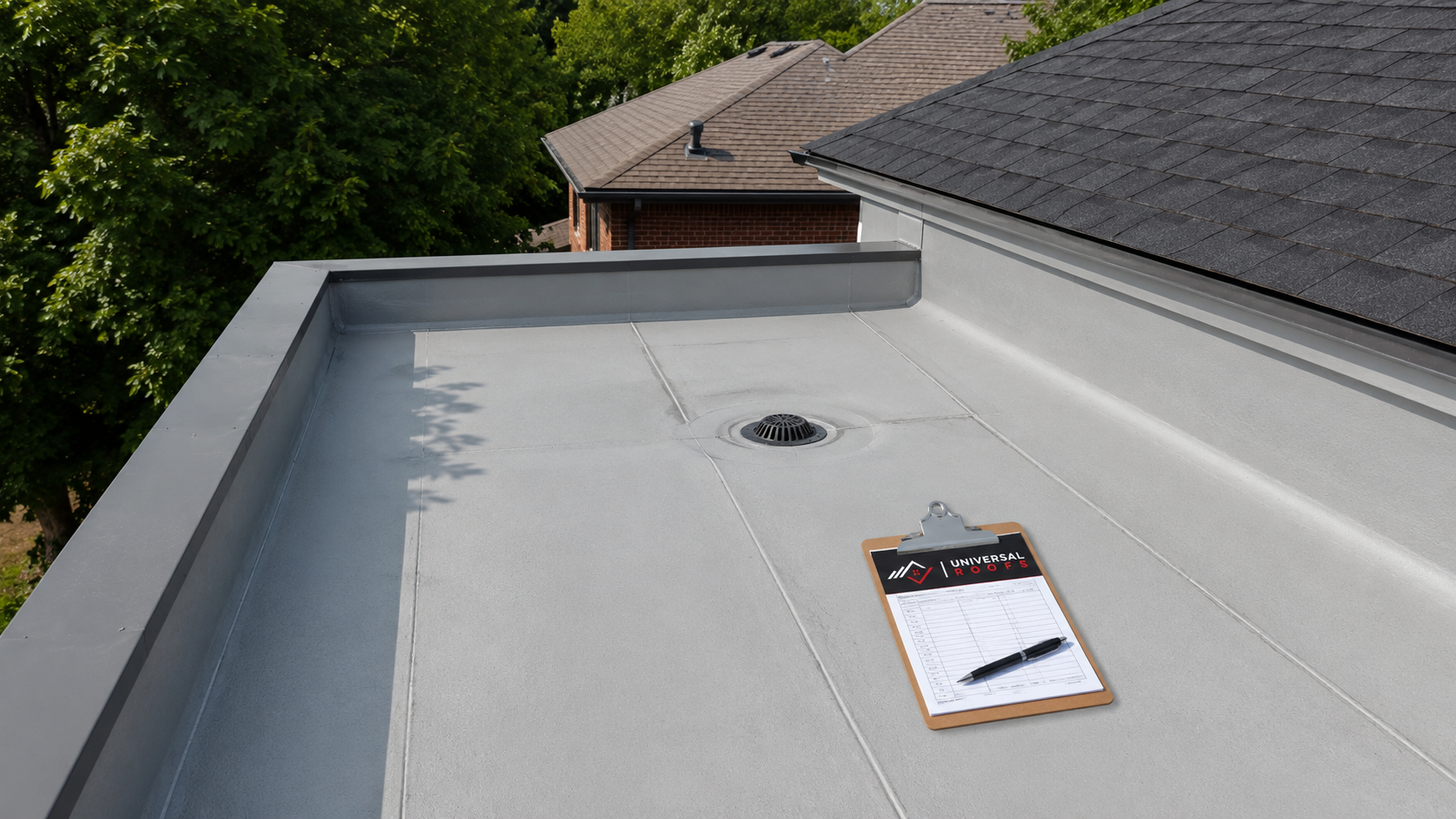 Modern low-slope flat roofing on an Oakville home showing membrane surface and roof drain in summer