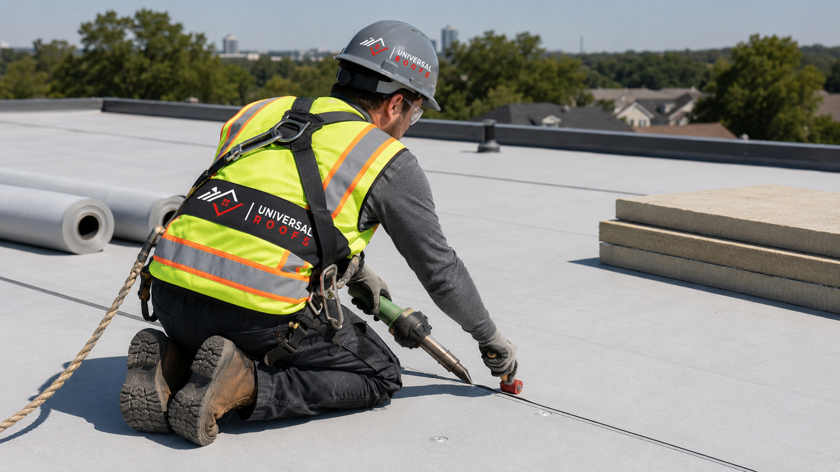 Roofer in full safety gear welding a flat roofing membrane seam on an Oakville low-slope roof