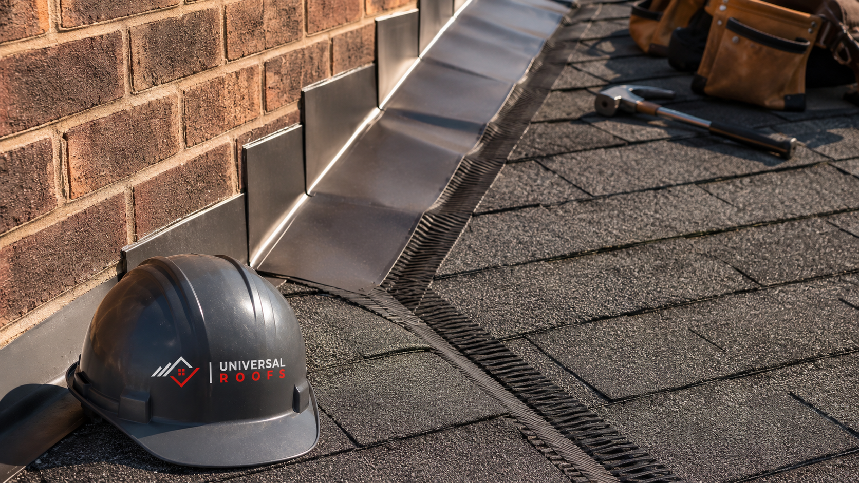 Close-up of new step flashing and valley detail on a shingle roof installed by roofing companies in Oakville