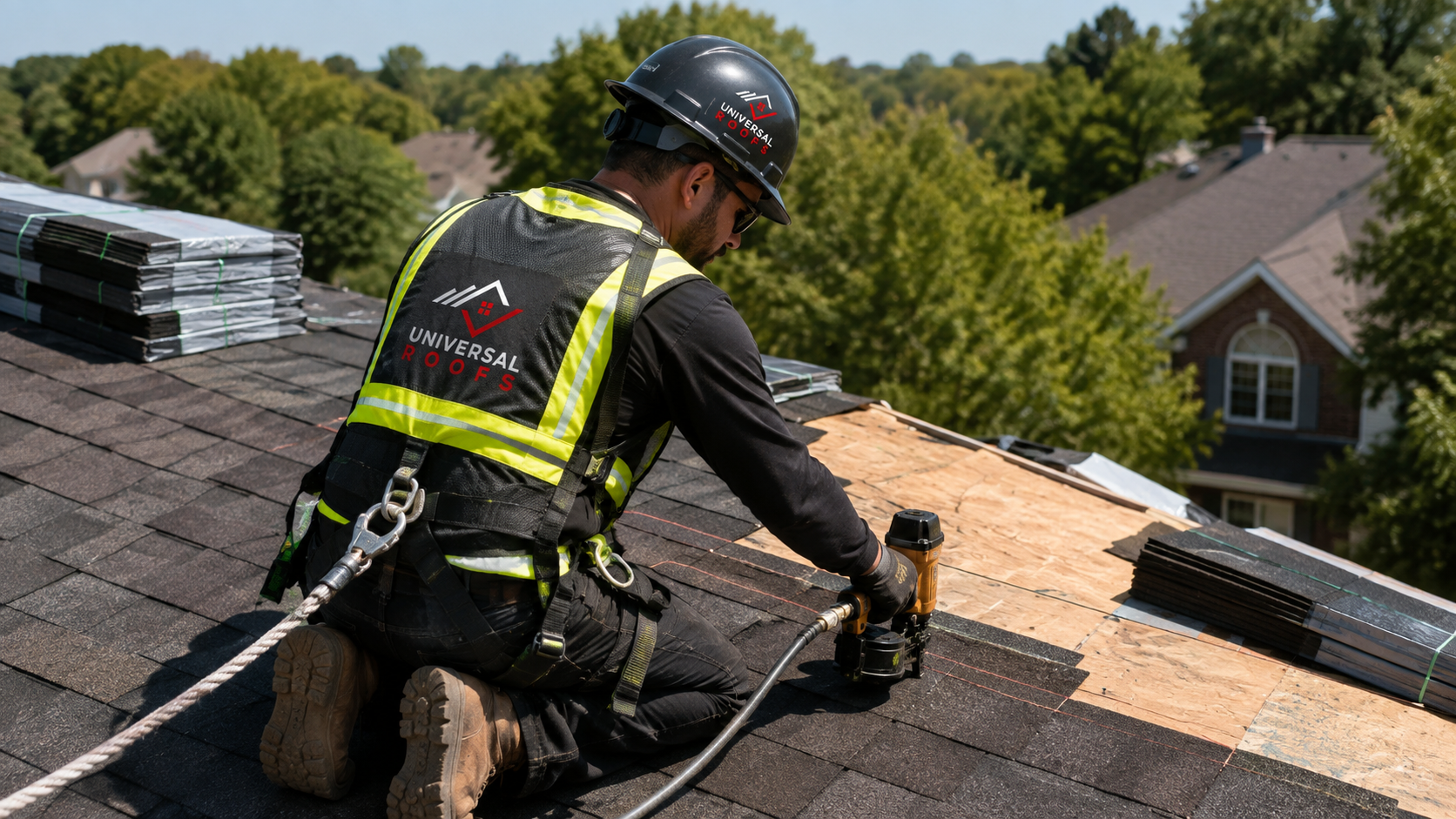Roofer in full safety gear installing shingles, illustrating the site standards expected from roofing companies in Oakville