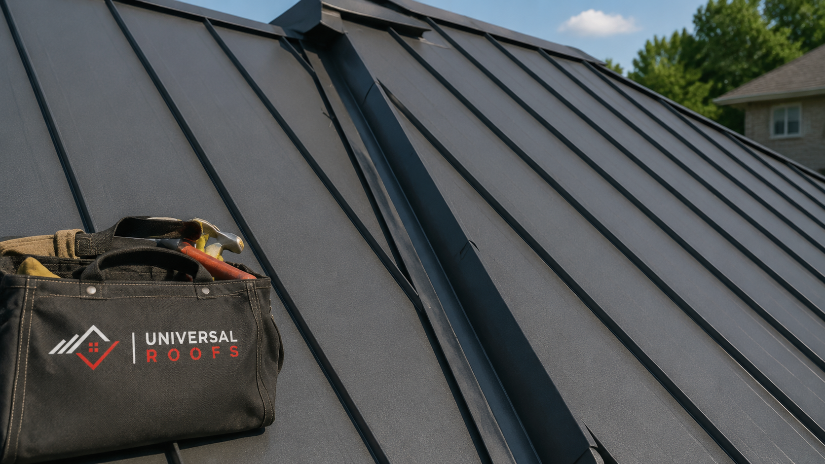 Close detail of standing seam metal roofing panels, ridge cap and valley flashing on a Brampton house