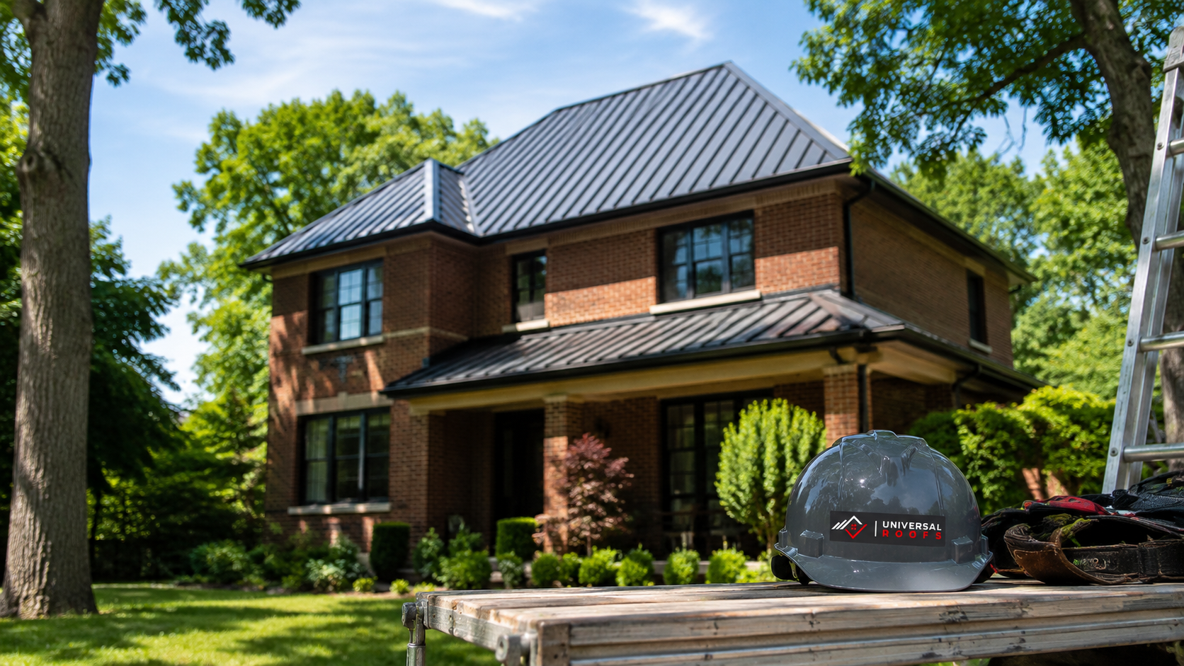 Two-storey Brampton brick home with a new dark grey standing seam metal roofing system in summer daylight