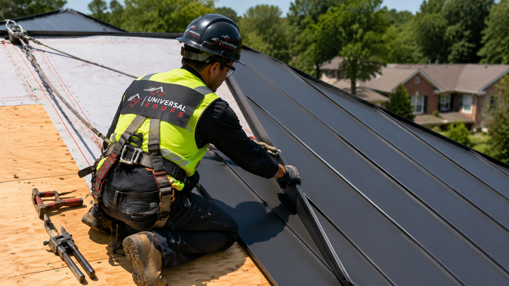 Roofer in full safety gear fastening a standing seam metal roofing panel on a Brampton home