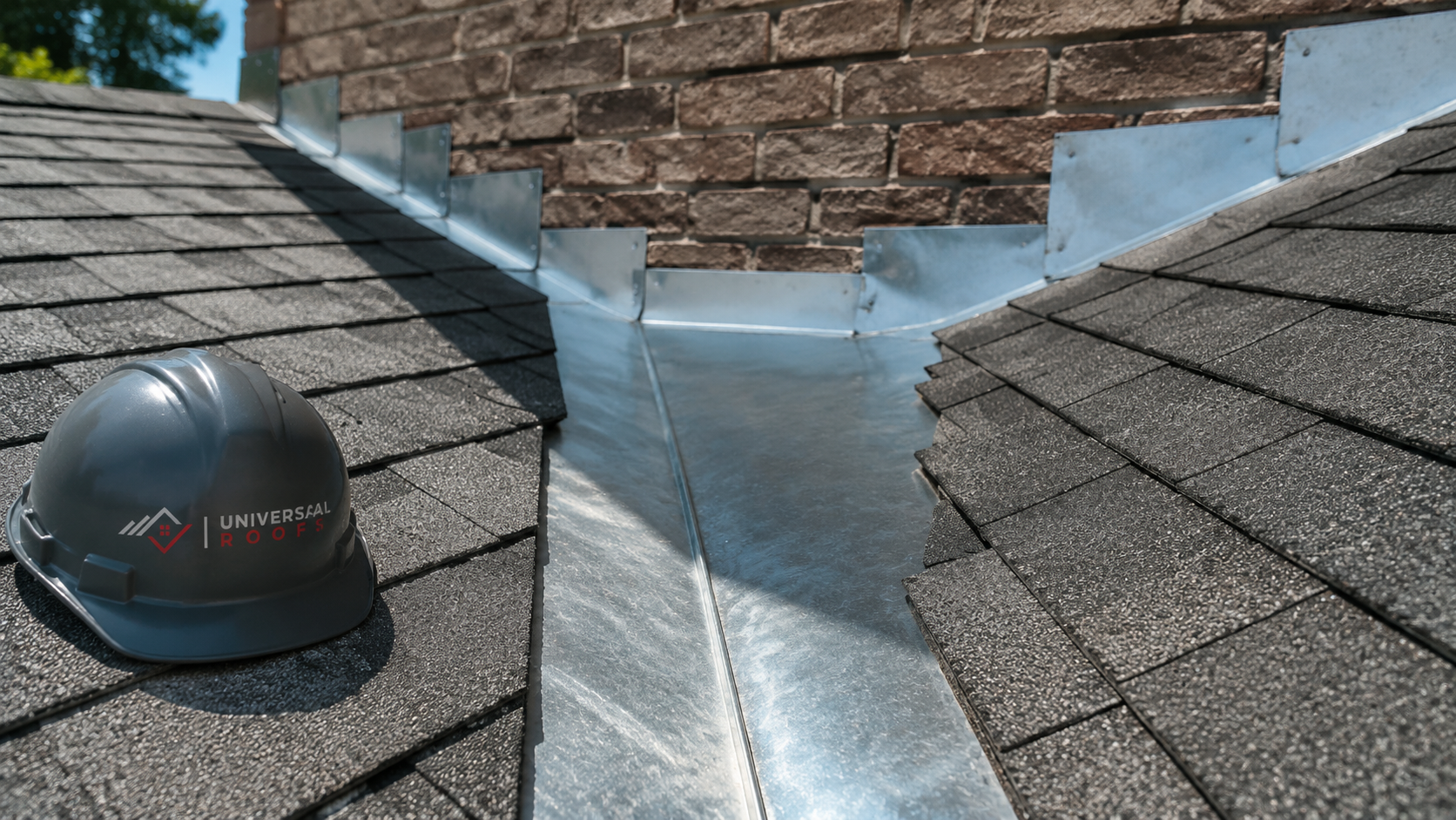 Close view of new valley flashing and shingle detail work done by roofing companies Brampton homeowners trust