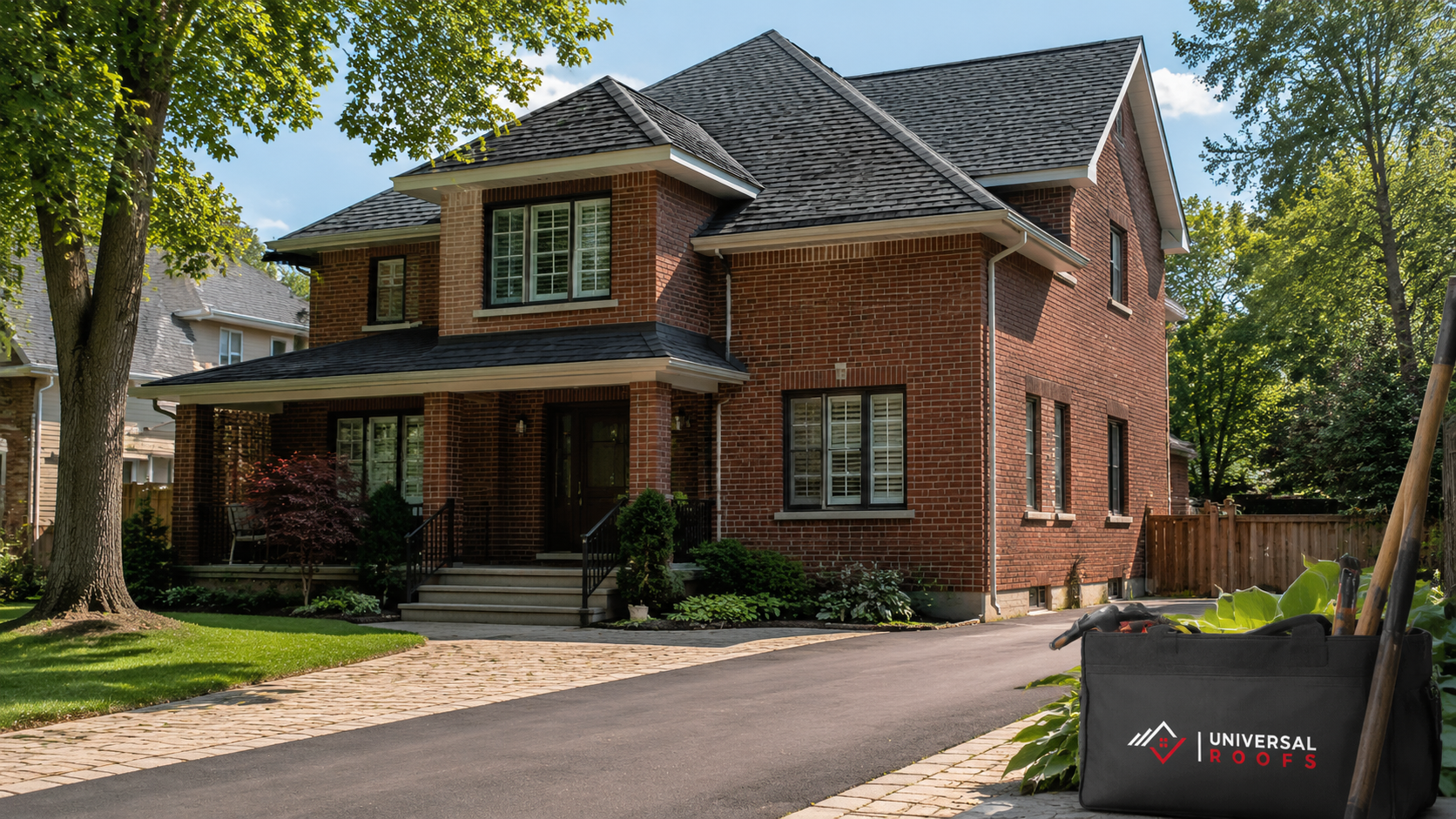 Brampton two storey brick home with a new asphalt shingle roof from roofing companies Brampton homeowners hire