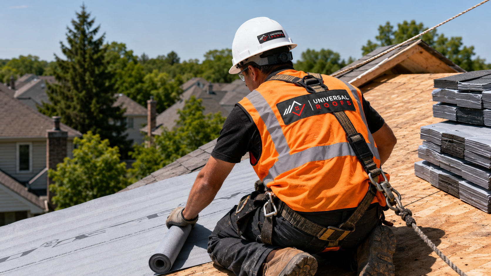 Roofer in full safety gear installing underlayment, the standard practice expected from roofing companies Brampton residents hire