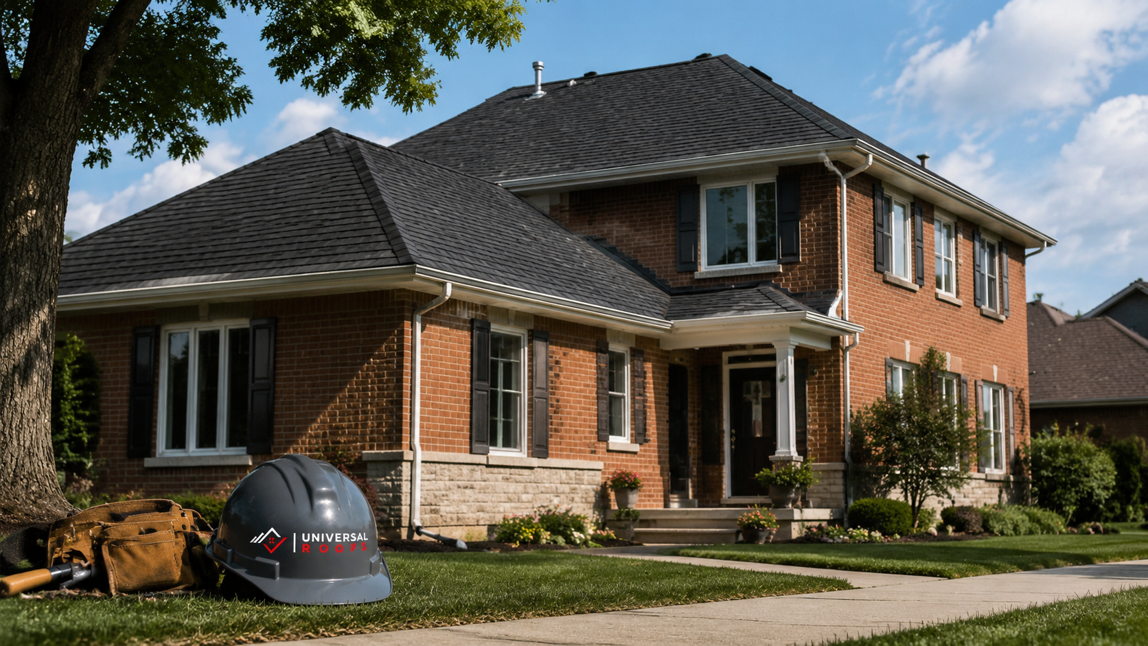 Suburban Peel Region two-storey home with newly installed asphalt shingle roof on a summer day