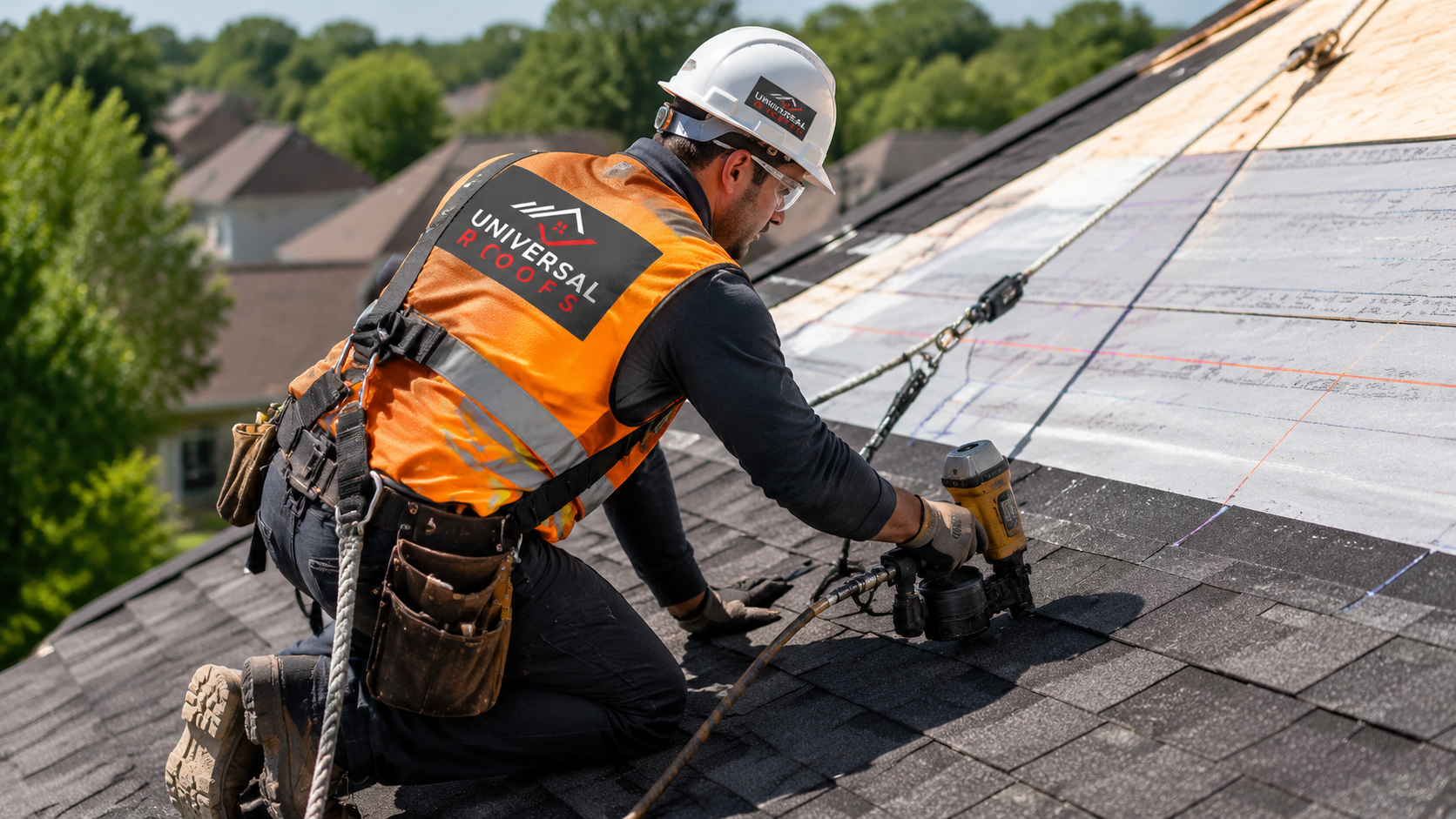 Roofer in full safety gear installing architectural asphalt shingles on a Peel Region home in summer