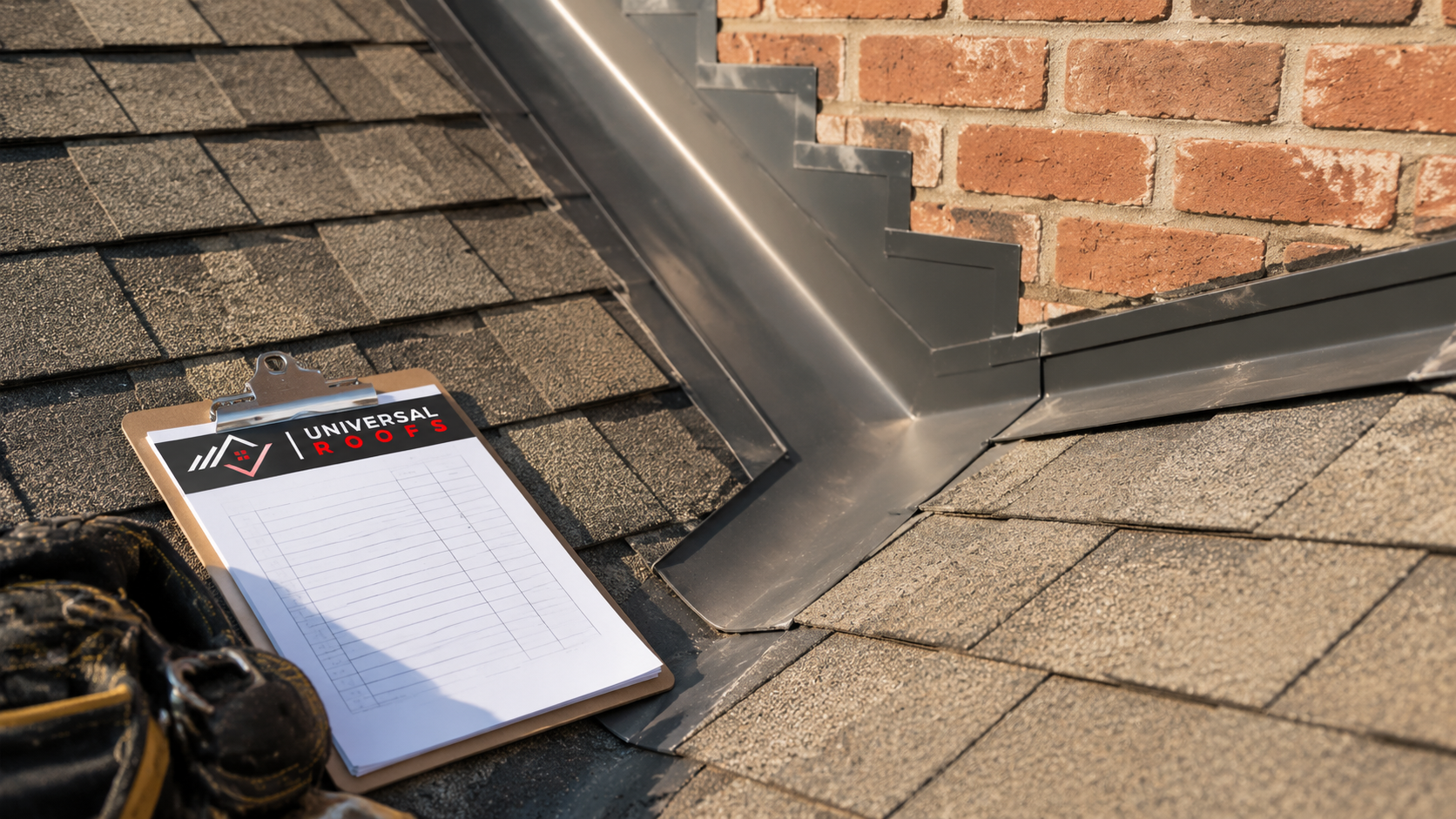 Close-up detail of valley flashing and shingle courses on a roofing Brampton installation