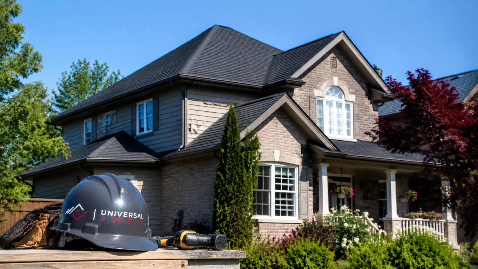 Two-storey suburban Brampton home with new architectural asphalt shingle roofing on a summer day
