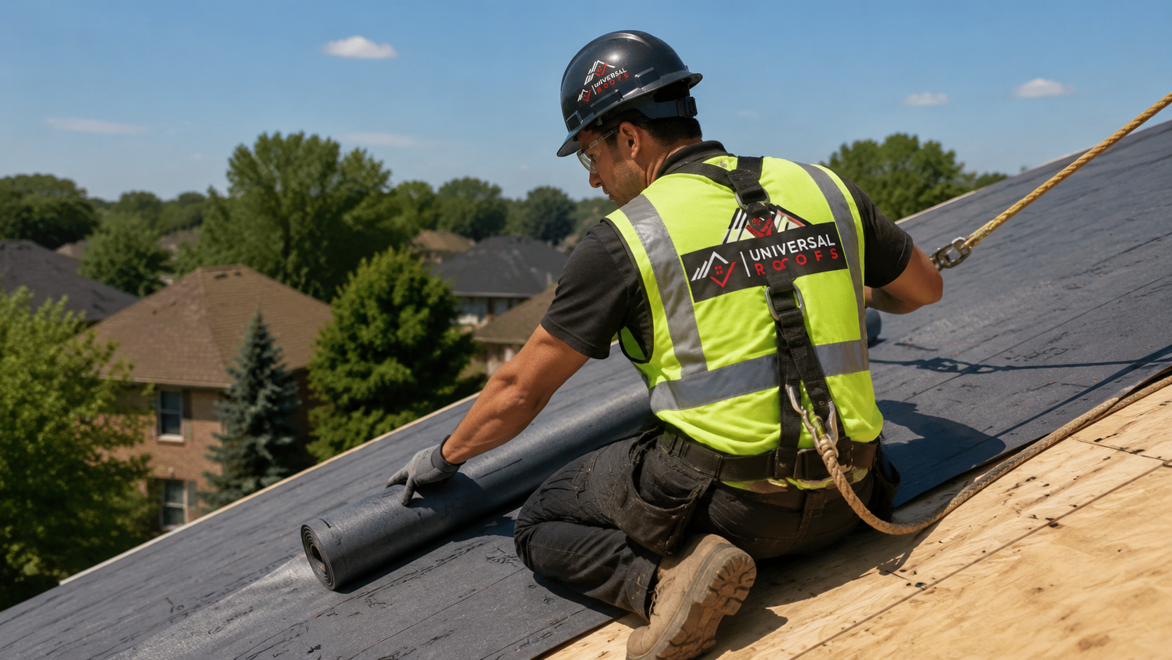 Roofer in full safety gear installing underlayment during a roofing Brampton replacement project