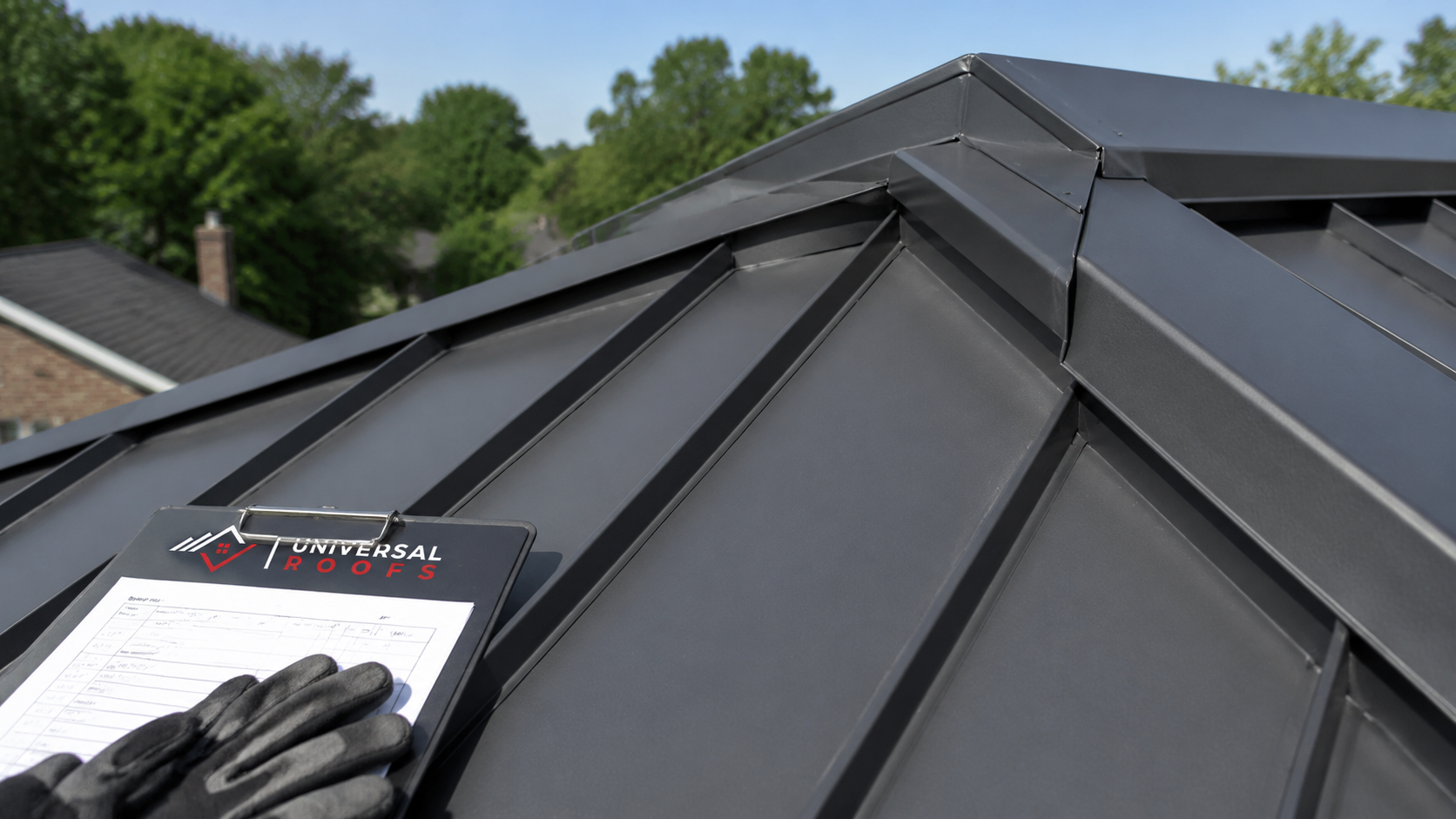 Close detail of a seamed metal roofing Mississauga panel ridge cap, clip and flashing on a residential roof