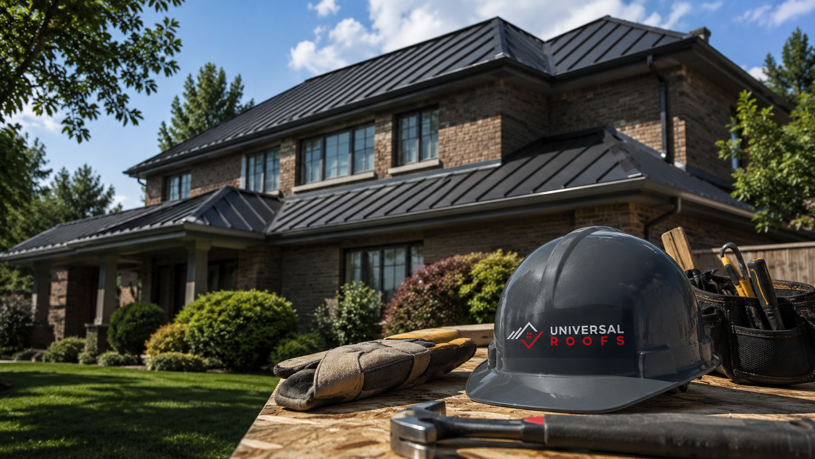 Two-storey suburban Mississauga home with a dark grey standing seam metal roofing system in summer daylight