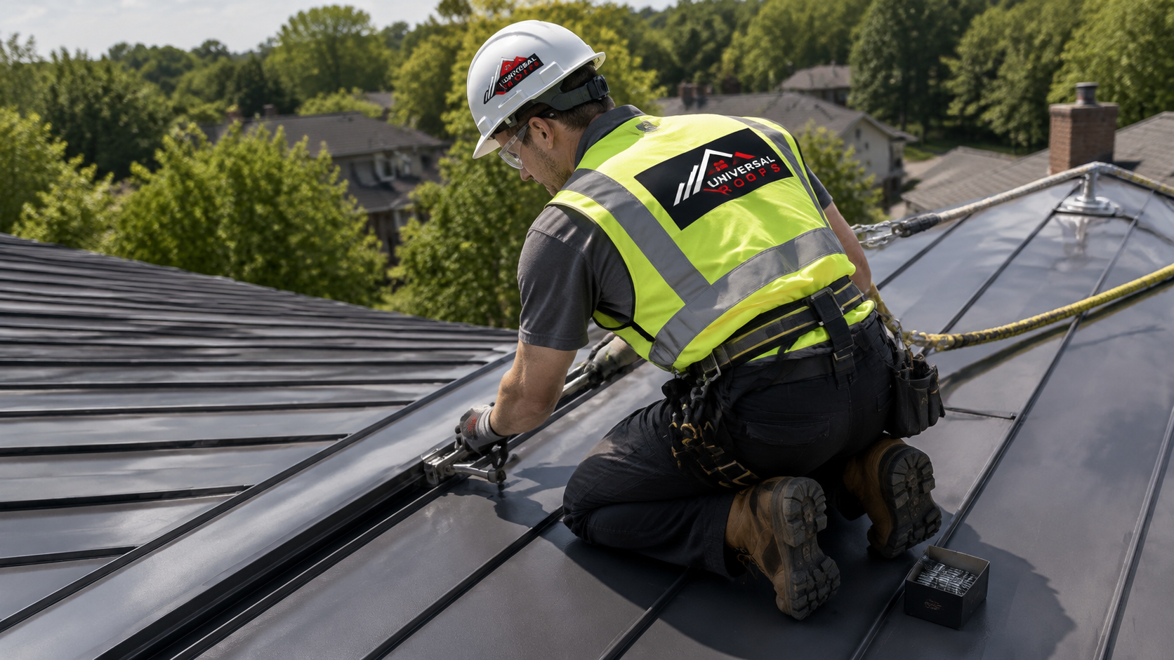 Roofer in full safety gear mechanically seaming a standing seam metal roofing Mississauga panel installation